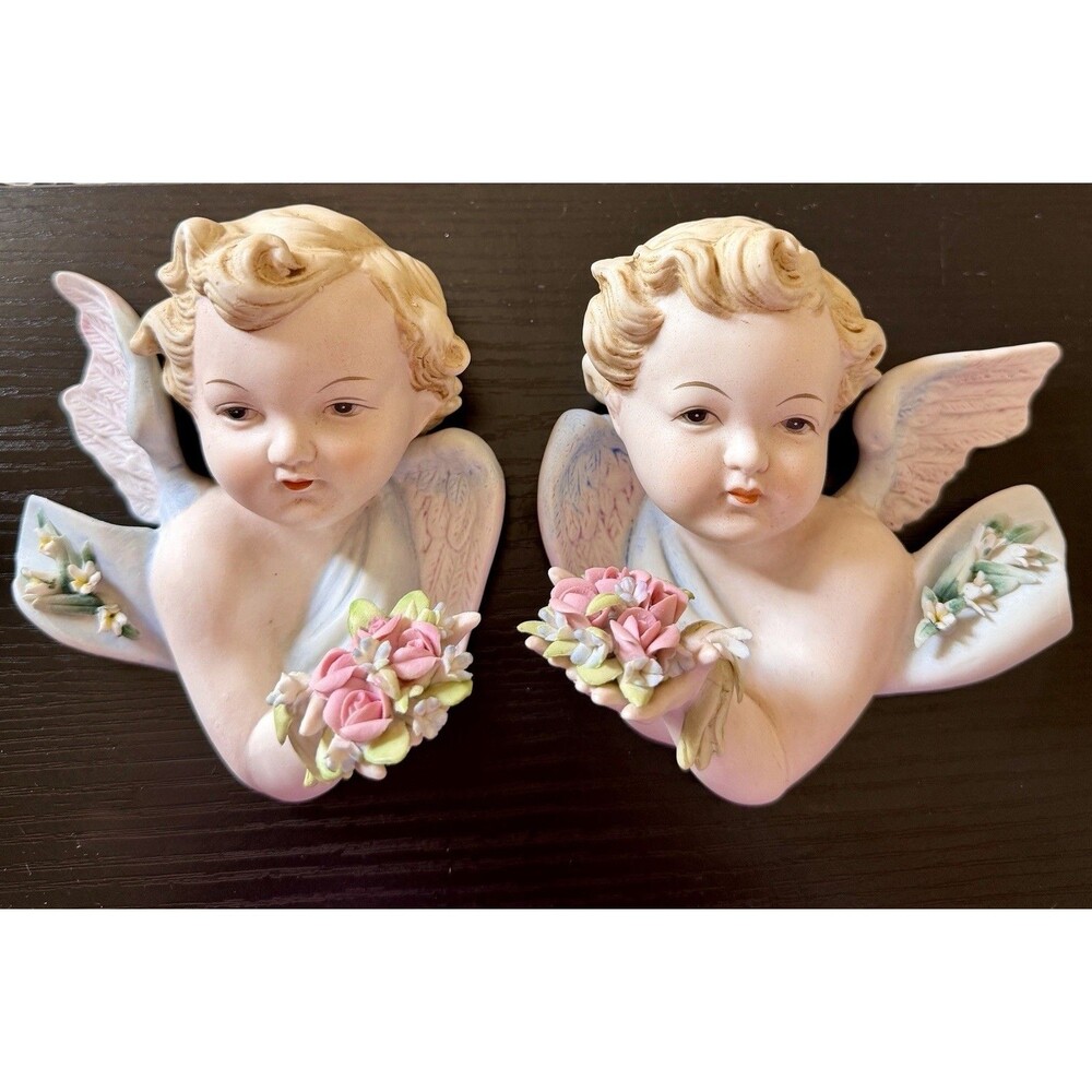 Vintage Lefton China KW6417 Cherub Angel Wall Plaques Pair Japan Hand Painted